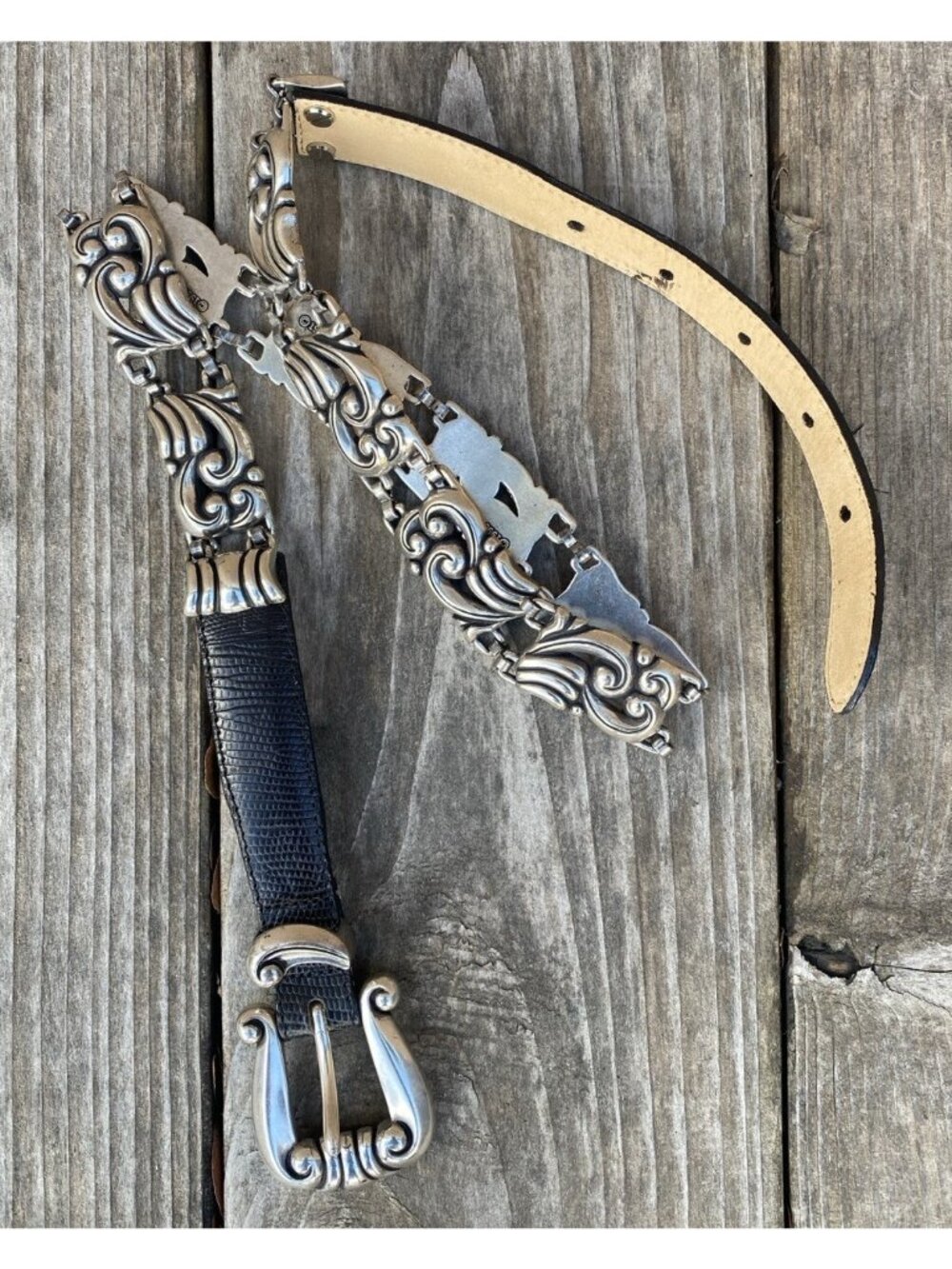 Brighton Vtg Silvertone Scroll Dk Brown Leather Belt Med Total Length 34.75” S18